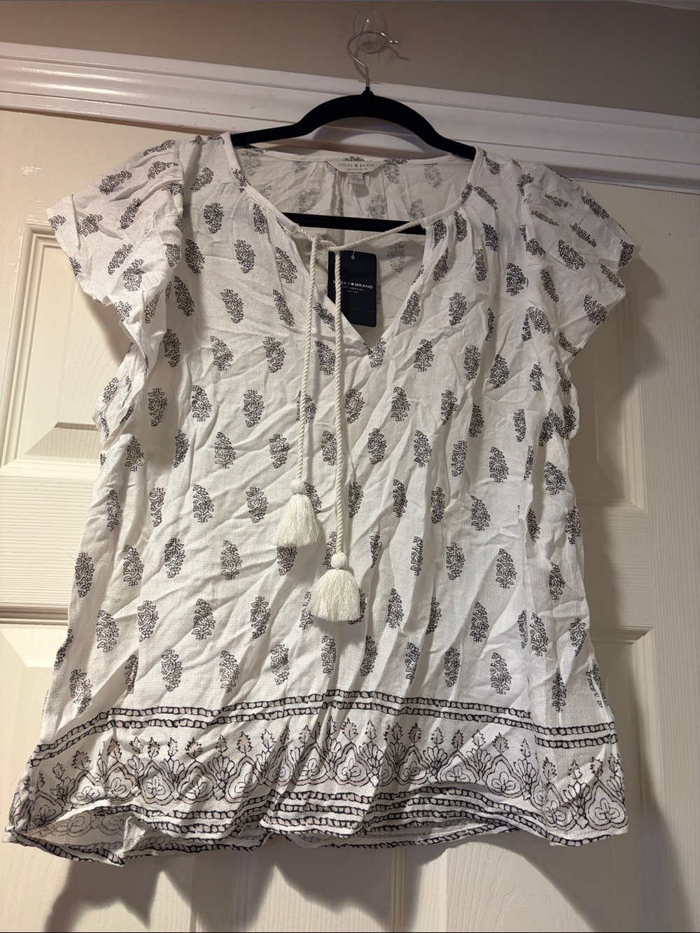 Lucky Brand White Tassel Tie Printed Boho Tunic